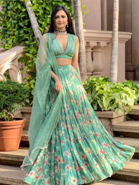 Shop Sea Green Satin Blend Embroidered A Line Lehenga Party Wear Online at  Best Price | Cbazaar